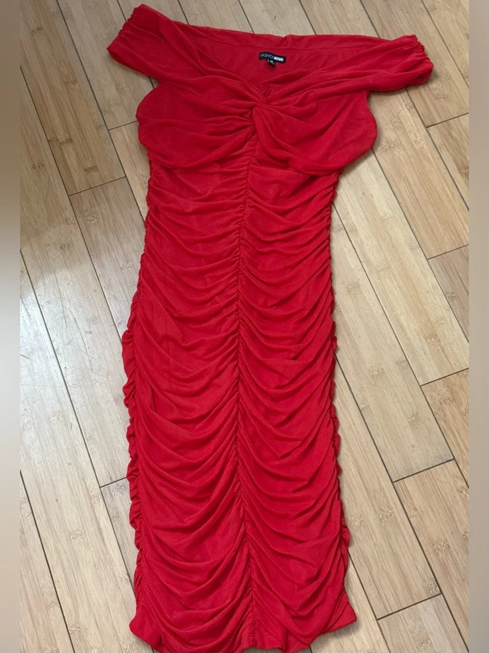 Fashion Nova Red Ruched Off-Shoulder Midi Dress - Picture 2 of 4